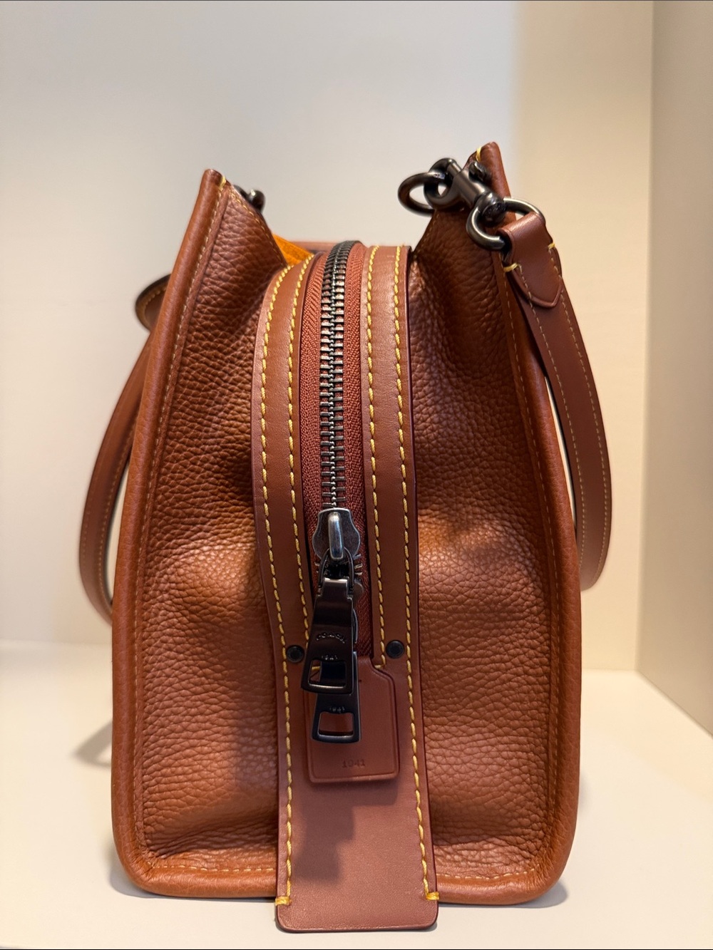 Coach Rogue 31 in Saddle with Yellow Suede interior and Gunmetal Hardware